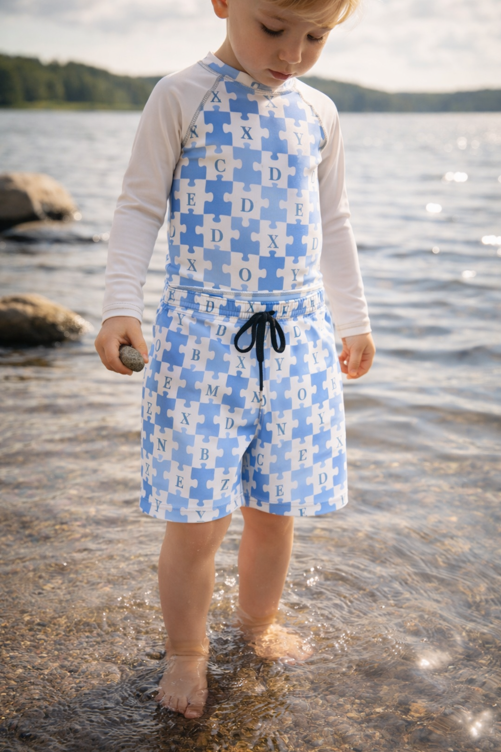 Cute and puzzled blue Kids Rash Guard